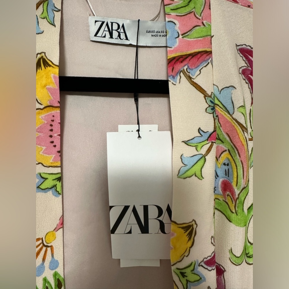 NWT ZARA Floral Printed Long Kimono Belted Beach Boho Style Pink Size XS - Picture 3 of 16